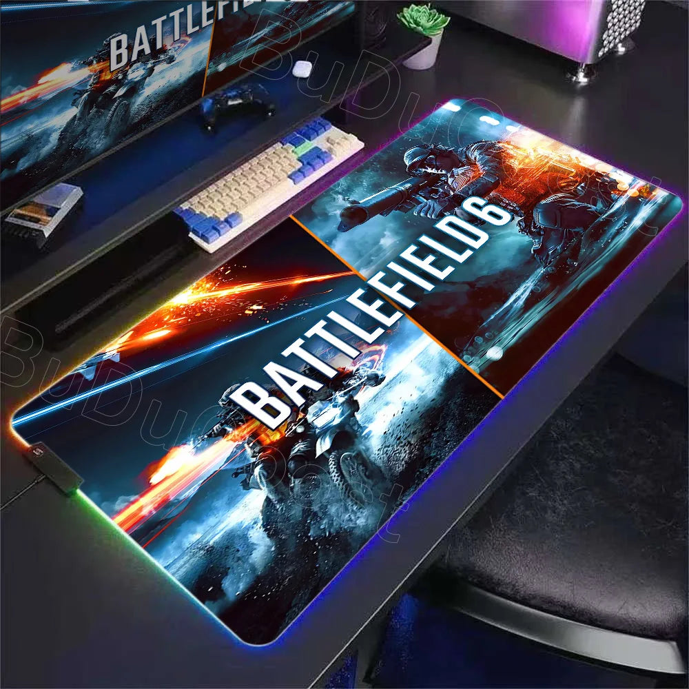 New Gamer RGB Desk Mat Backlight B-Battlefield 6 Mouse Pad Back Light Led Mousepad Setup Gaming Accessories Deskmat Big Mousepad