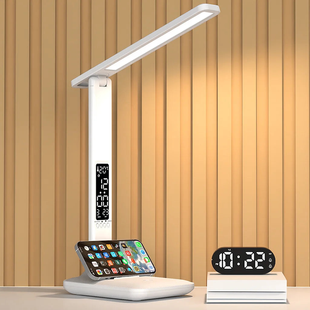 LED Desk Lamp with Clock Calendar Time Display Touch Dimming Adjustable Light Rotatable Folding Reading Lamp for Office Bedroom