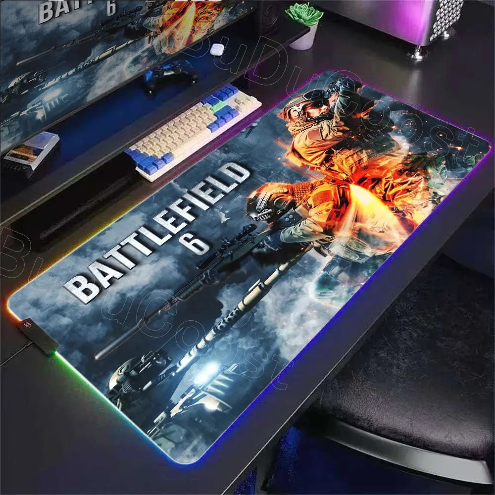 New Gamer RGB Desk Mat Backlight B-Battlefield 6 Mouse Pad Back Light Led Mousepad Setup Gaming Accessories Deskmat Big Mousepad