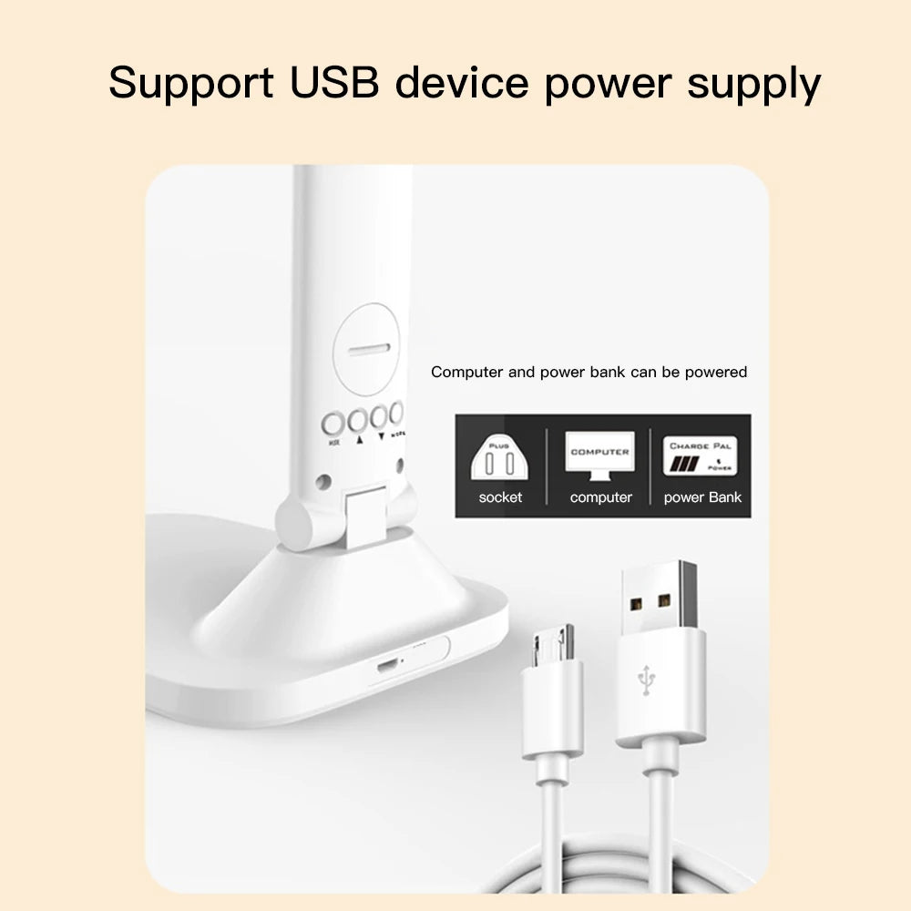 LED Desk Lamp with Clock Calendar Time Display Touch Dimming Adjustable Light Rotatable Folding Reading Lamp for Office Bedroom