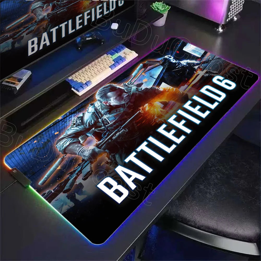 New Gamer RGB Desk Mat Backlight B-Battlefield 6 Mouse Pad Back Light Led Mousepad Setup Gaming Accessories Deskmat Big Mousepad