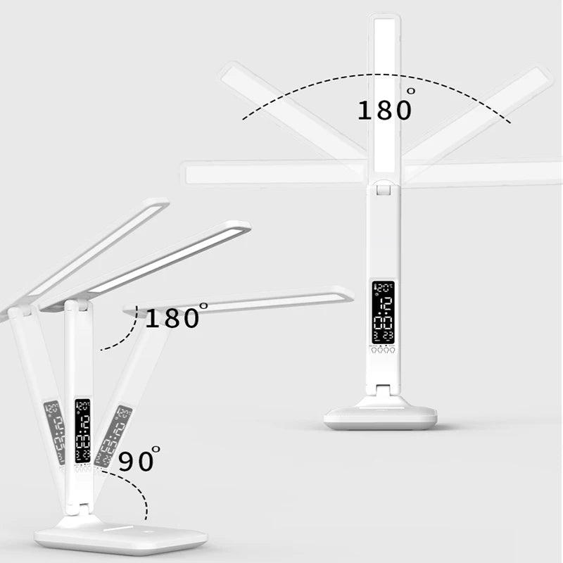 LED Desk Lamp with Clock Calendar Time Display Touch Dimming Adjustable Light Rotatable Folding Reading Lamp for Office Bedroom