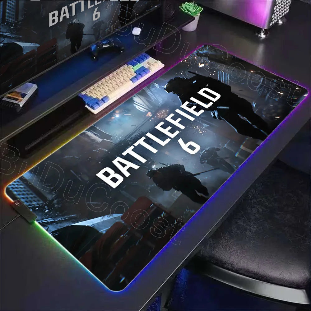 New Gamer RGB Desk Mat Backlight B-Battlefield 6 Mouse Pad Back Light Led Mousepad Setup Gaming Accessories Deskmat Big Mousepad