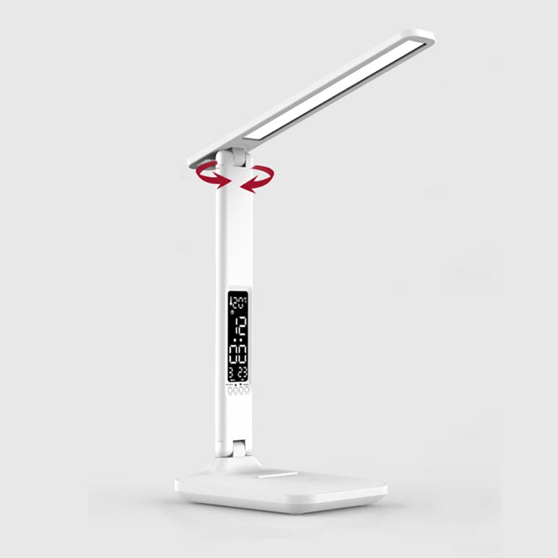 LED Desk Lamp with Clock Calendar Time Display Touch Dimming Adjustable Light Rotatable Folding Reading Lamp for Office Bedroom