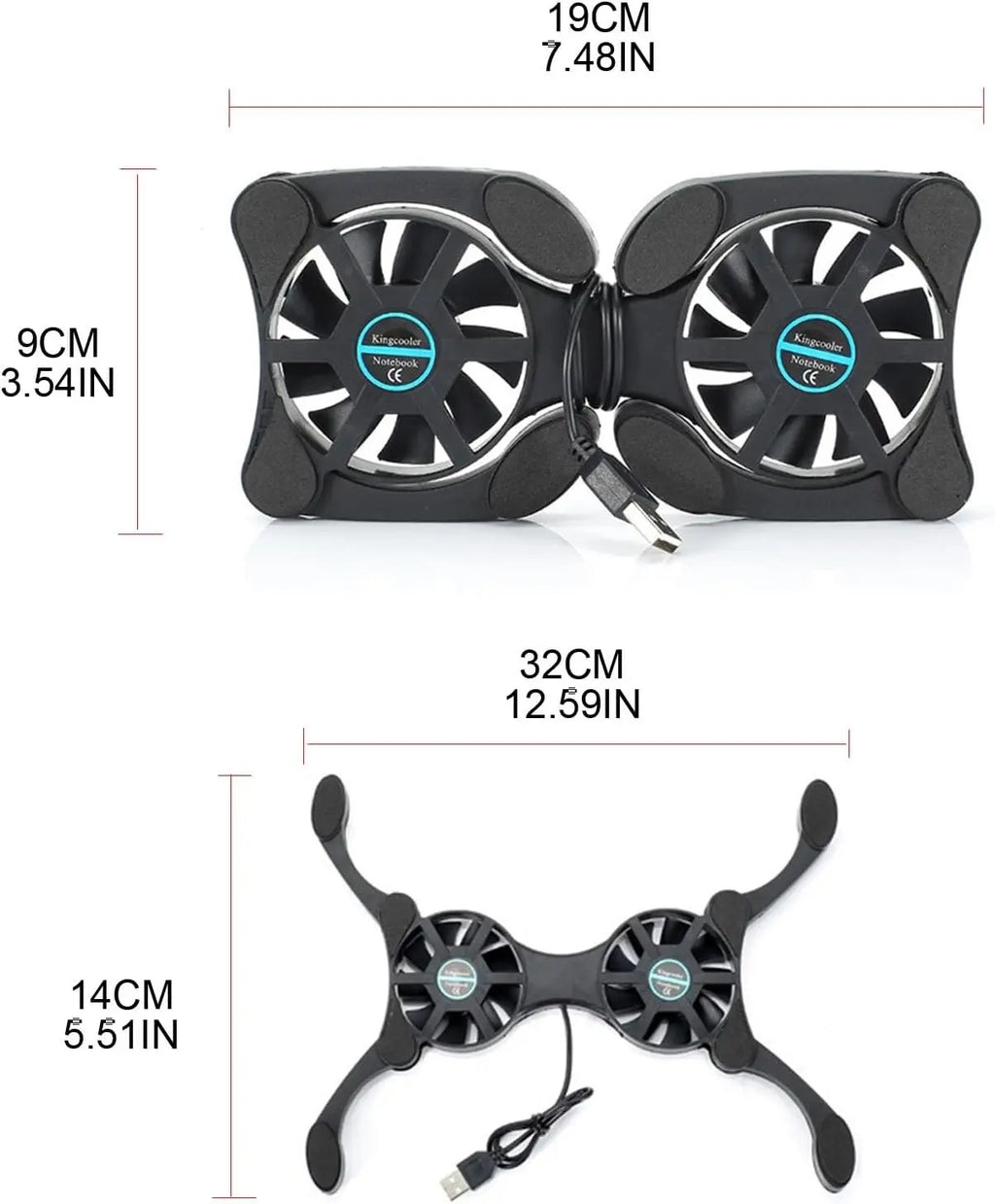 Foldable Cooling Pad Laptop Cooler with Double Fans USB Powered for 7-15 inch