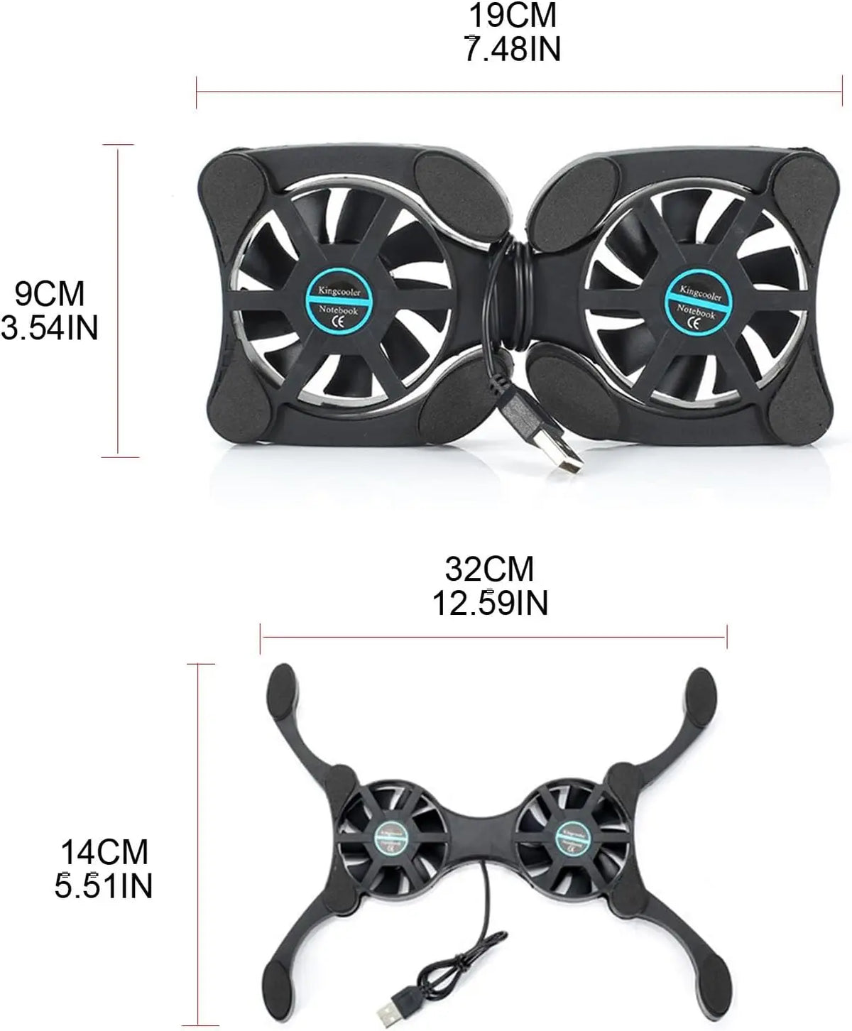 Foldable Cooling Pad Laptop Cooler with Double Fans USB Powered for 7-15 inch