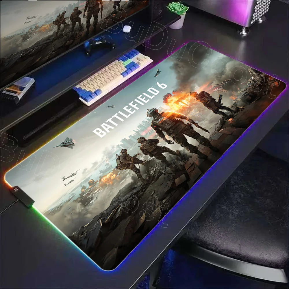 New Gamer RGB Desk Mat Backlight B-Battlefield 6 Mouse Pad Back Light Led Mousepad Setup Gaming Accessories Deskmat Big Mousepad