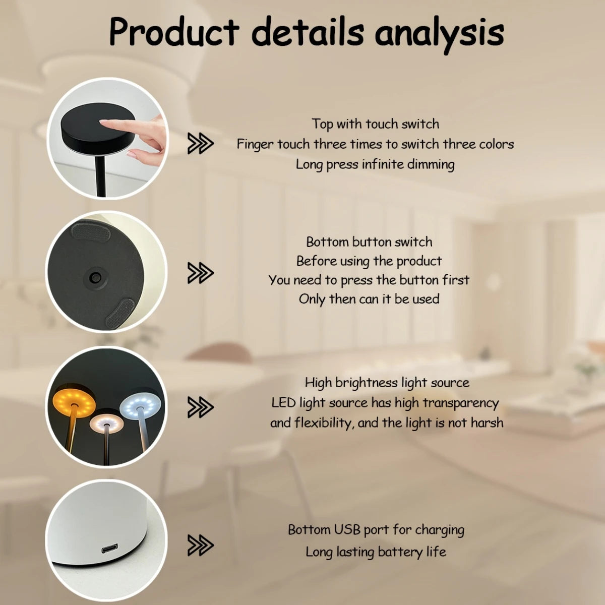 LED Ambient Desk Lamp, USB Charging, Touch Controlled Dimmable Indoor Night Light, Suitable for Home Decoration Bedside Rooms