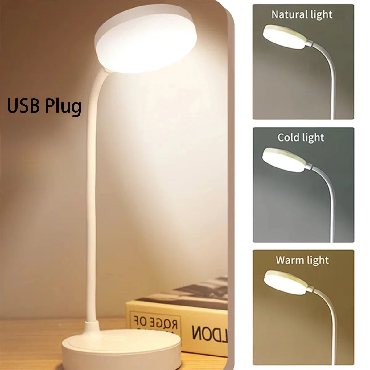 Flexible LED Desk Lamp with 3-Level Dimmer, USB Powered, Eye-Caring, Warm, White Light, Perfect for Home, Office, Reading, Study