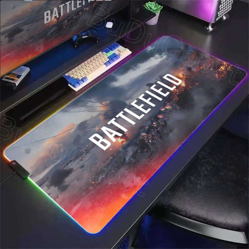 New Gamer RGB Desk Mat Backlight B-Battlefield 6 Mouse Pad Back Light Led Mousepad Setup Gaming Accessories Deskmat Big Mousepad