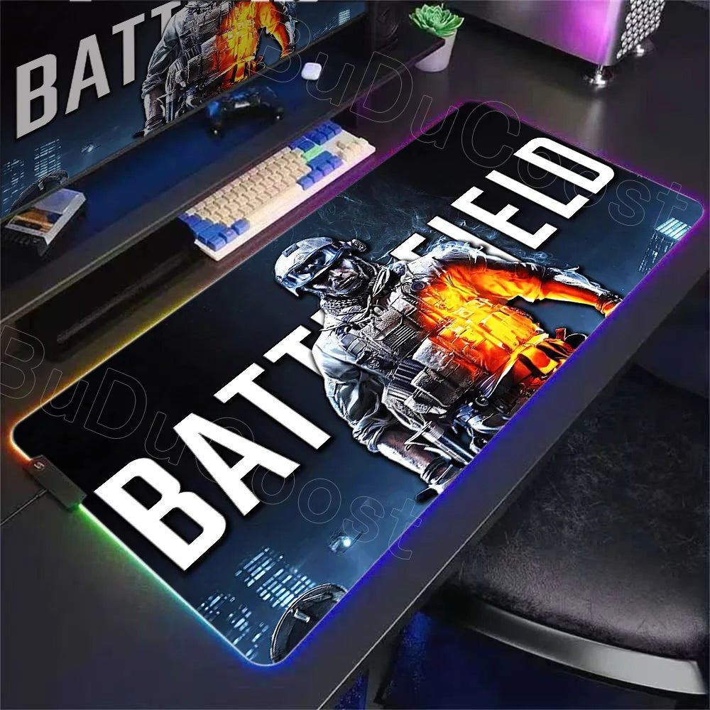 New Gamer RGB Desk Mat Backlight B-Battlefield 6 Mouse Pad Back Light Led Mousepad Setup Gaming Accessories Deskmat Big Mousepad