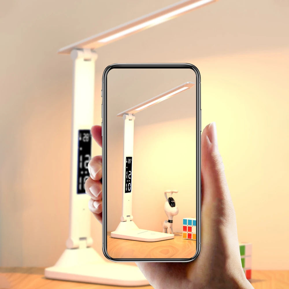 LED Desk Lamp with Clock Calendar Time Display Touch Dimming Adjustable Light Rotatable Folding Reading Lamp for Office Bedroom
