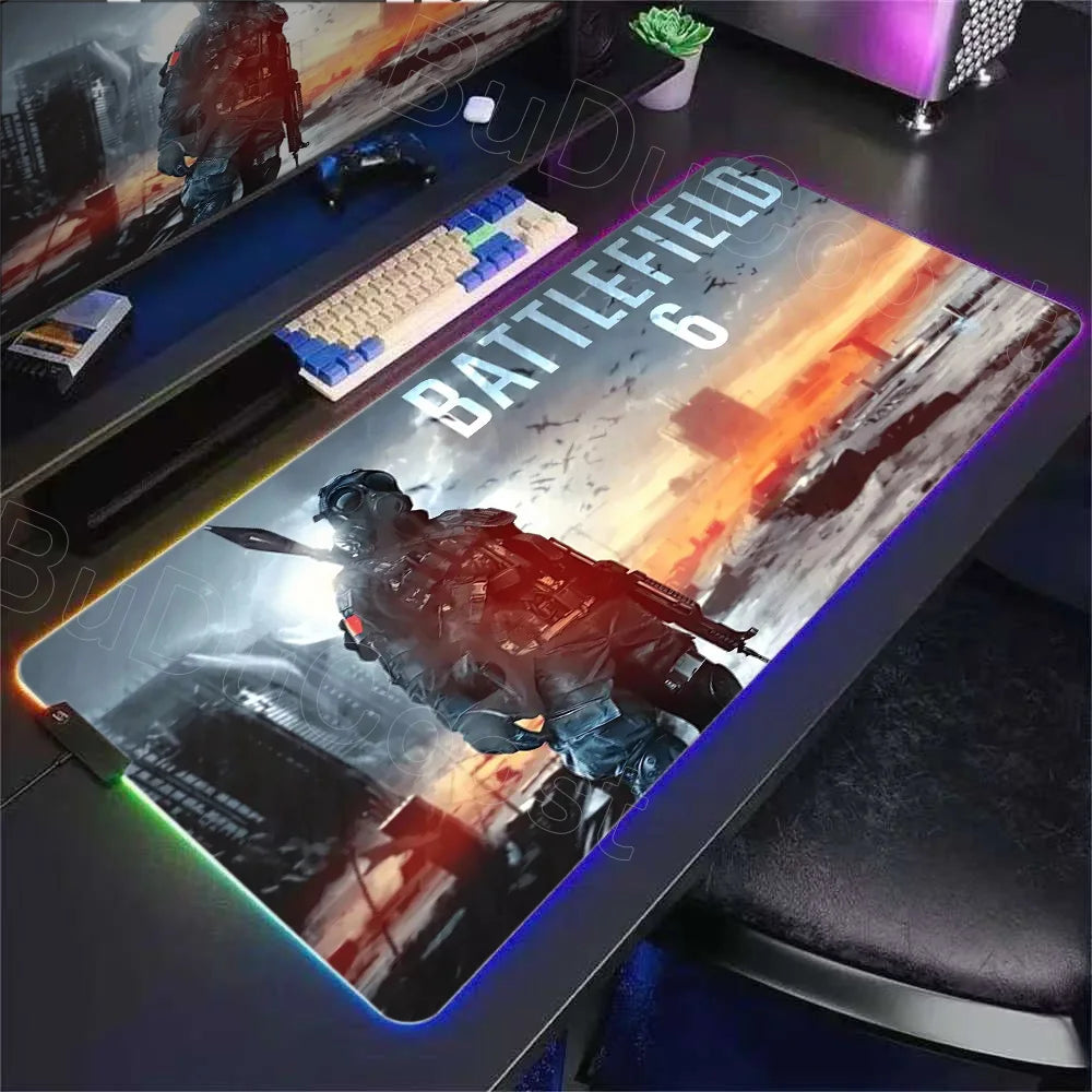 New Gamer RGB Desk Mat Backlight B-Battlefield 6 Mouse Pad Back Light Led Mousepad Setup Gaming Accessories Deskmat Big Mousepad