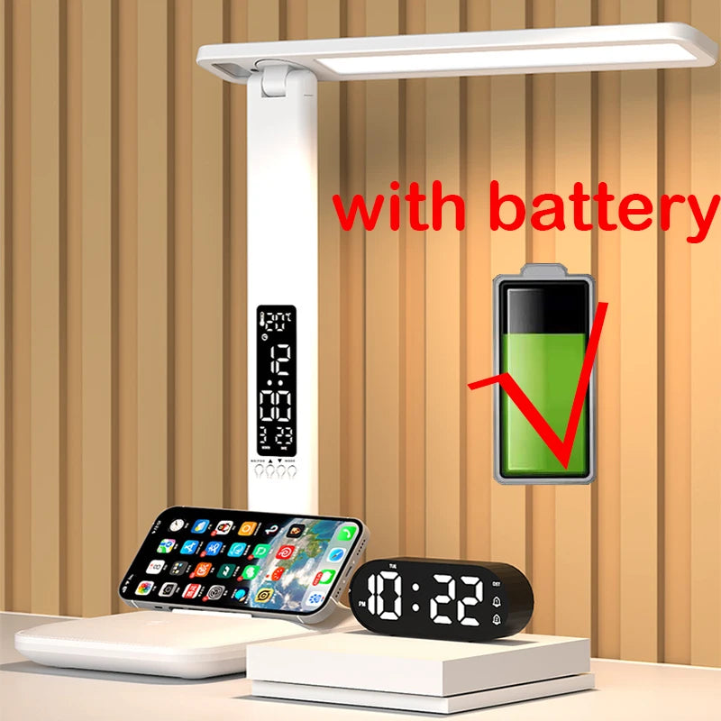 LED Desk Lamp with Clock Calendar Time Display Touch Dimming Adjustable Light Rotatable Folding Reading Lamp for Office Bedroom