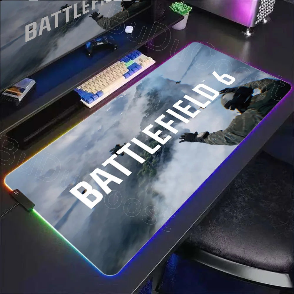 New Gamer RGB Desk Mat Backlight B-Battlefield 6 Mouse Pad Back Light Led Mousepad Setup Gaming Accessories Deskmat Big Mousepad
