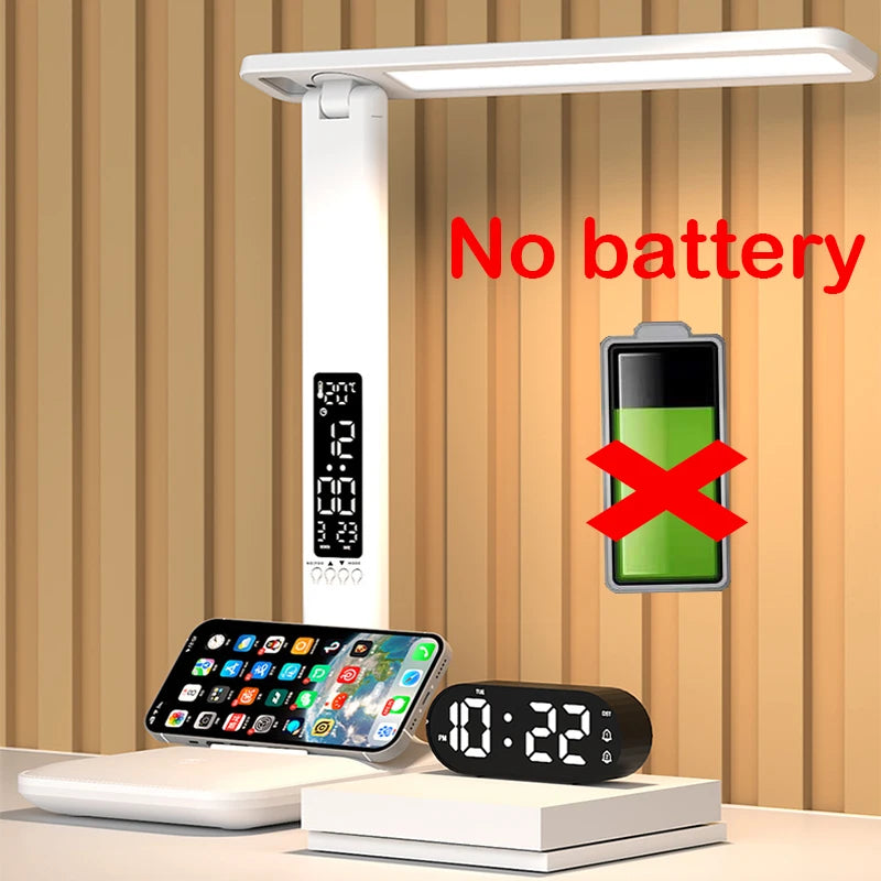 LED Desk Lamp with Clock Calendar Time Display Touch Dimming Adjustable Light Rotatable Folding Reading Lamp for Office Bedroom