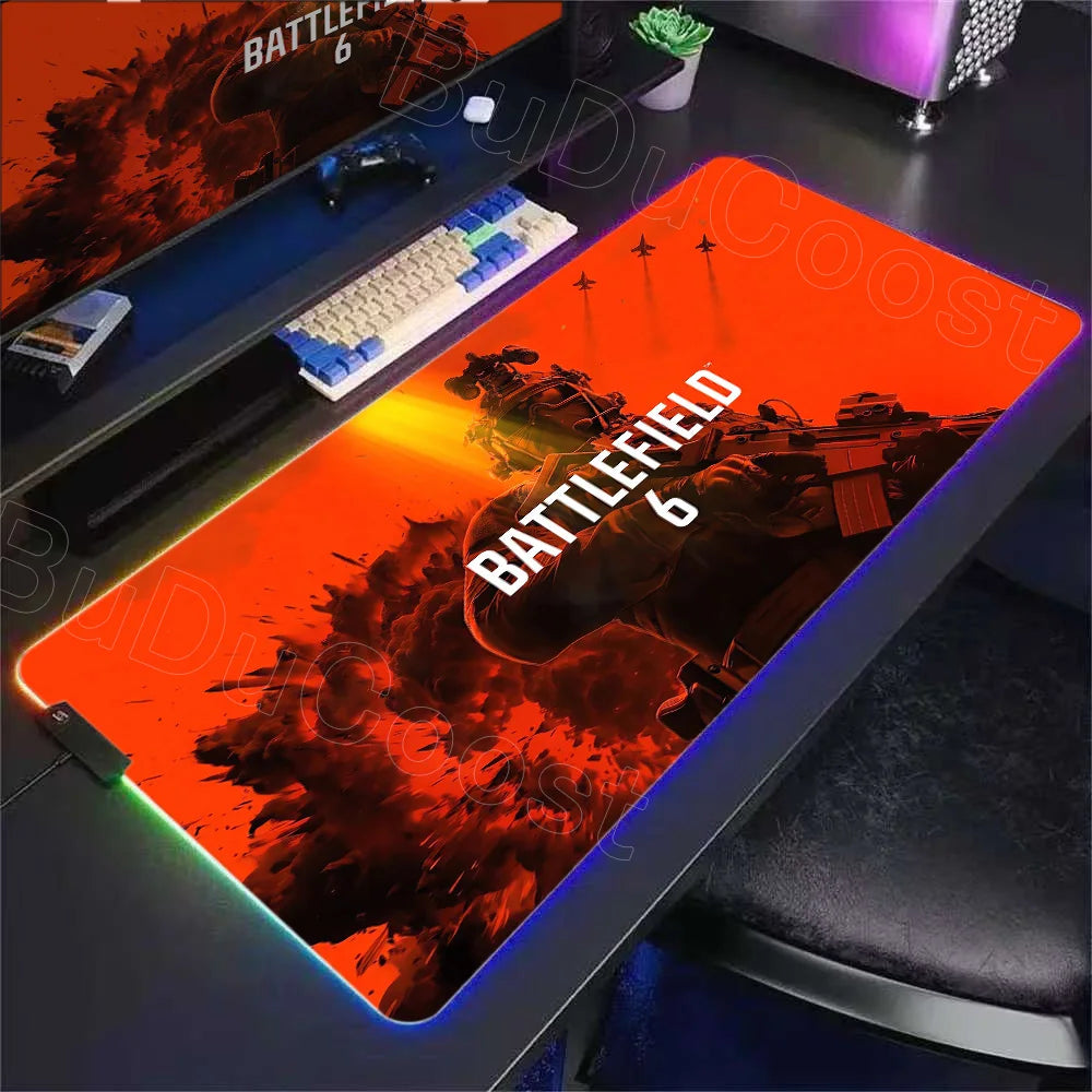 New Gamer RGB Desk Mat Backlight B-Battlefield 6 Mouse Pad Back Light Led Mousepad Setup Gaming Accessories Deskmat Big Mousepad
